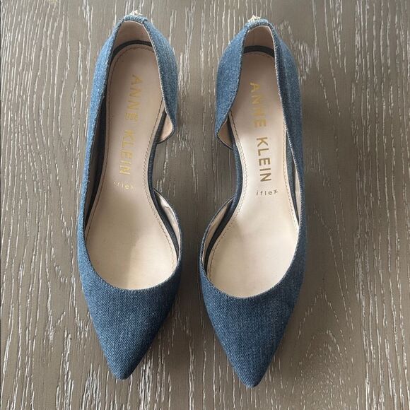Anne Klein Necessity Denim Blue Heels with Cork Block Heel Pointed Toe Size 9.5M - Picture 2 of 12